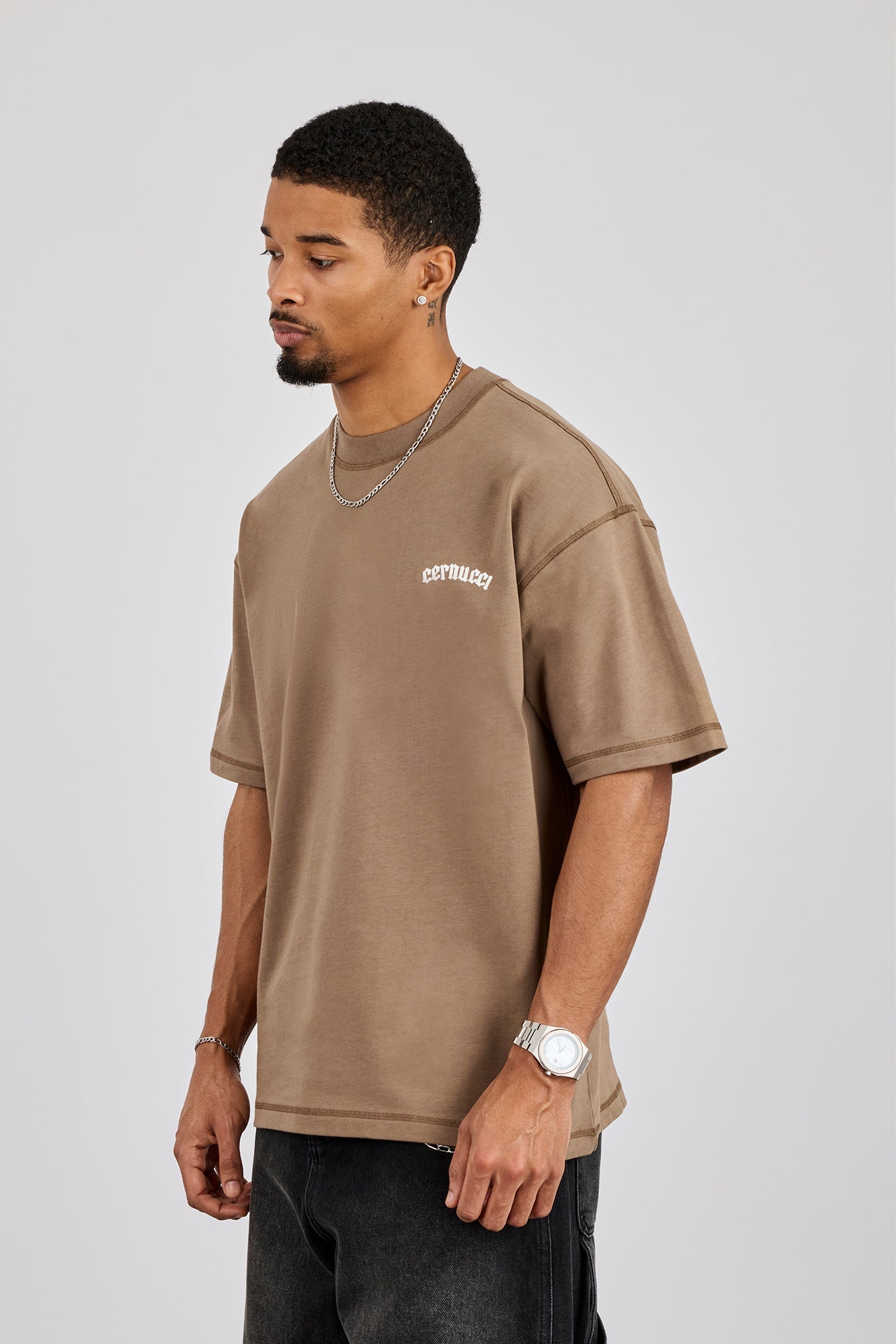 Oversized Gothic Print T-Shirt - Taupe